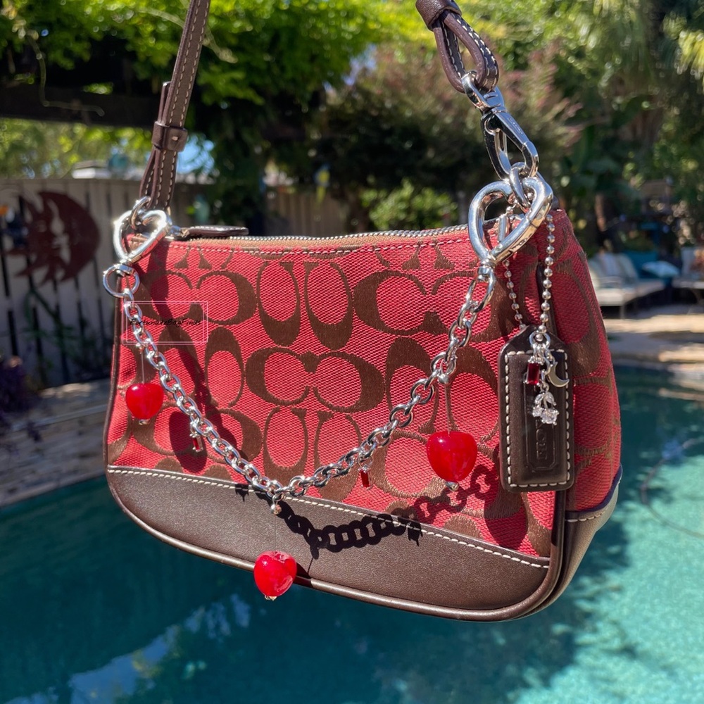 Vintage Y2K Coach Bag 6094 Chocolate Cherry Signature Demi Pochette Red Brown
